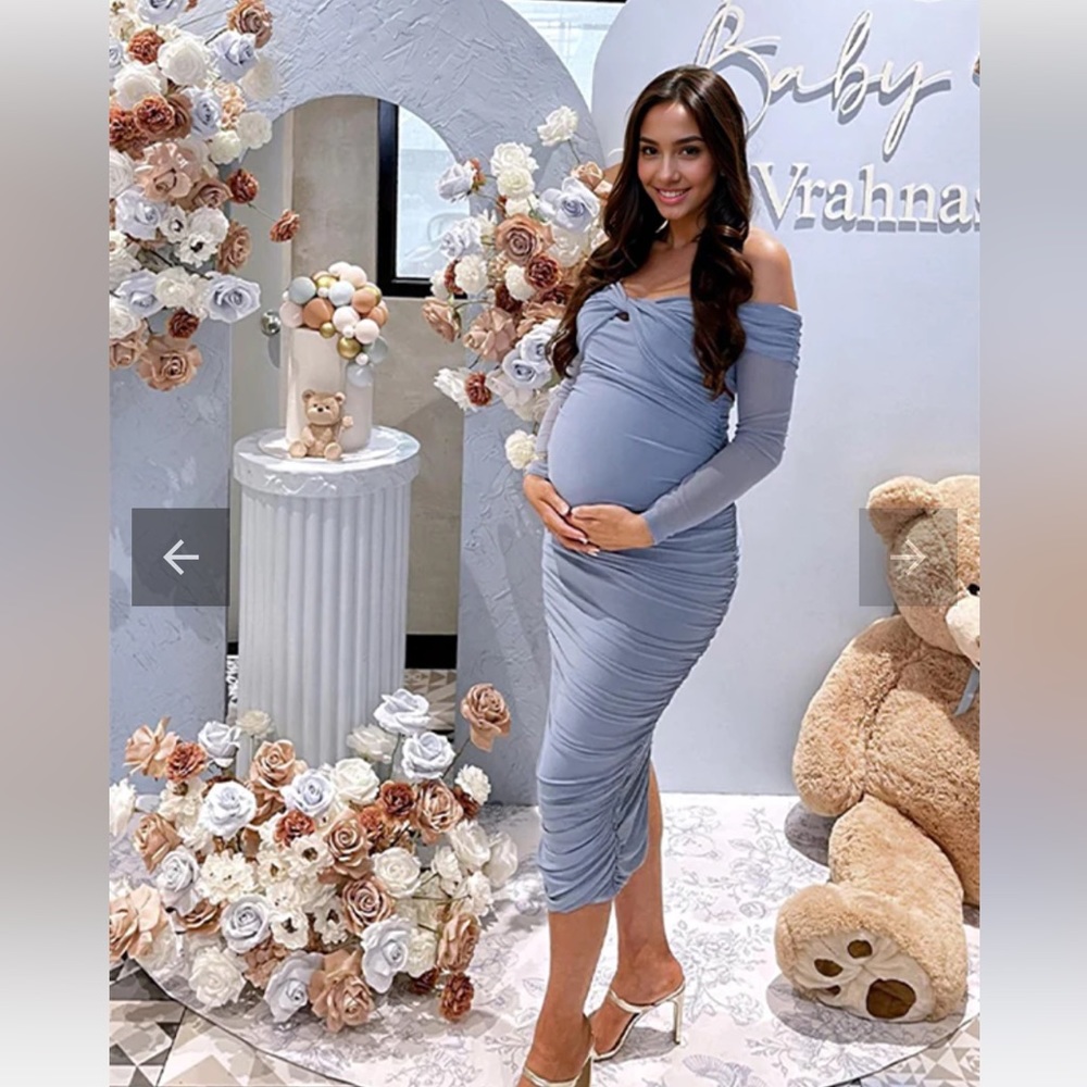 Blue Ruched Off Shoulder Bodycon Elegant Maternity MIDI Dress